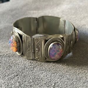 Opal Glass Cab Stamped Bracelet, Vintage